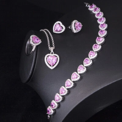 4pc Jewelry Set Lovely Pink Heart Women Silver Bracelet Earring Girls Necklace - Image 1 of 4