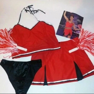 Adult Halloween Costume Cheerleader 4pc Set Skirt Crop Top Panty and Pom Poms - Image 1 of 3