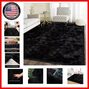 Luxurious 6x9 Faux Fur Sheepskin Rug - Black Fluffy Area Rug for Living Room - Picture 1 of 10