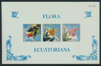 Hoja de recuerdo de 3 estampillas florales Ecuador Scott # C510a, centrado en estado bastante bueno (MNH) Foto 1 de 2