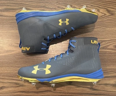 Size 17 Under Armour Team Hammer COM Detachable Football Cleats Grey/Blue/Gold - Image 1 of 4