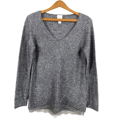 Suéter Chico's Mujer Plateado Lentejuelas Talla 0 (Pequeño EE. UU./4) Dobladillo de Encaje Glamour Vacaciones Foto 1 de 4