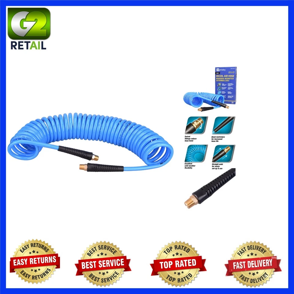 Wynnsky 1/4"x 25ft Recoil Poly Air Hose Compressor With Swivel Ends