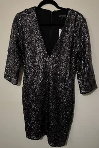 NUEVO Mini Vestido Express Para Mujer Lentejuelas Bodycon Manga 3/4 Negro/Plateado ~Talla 8 - Imagen 1 de 7
