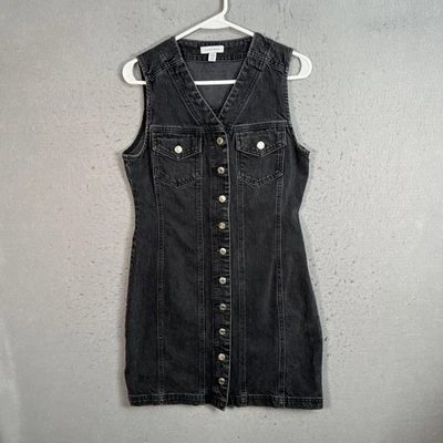 Mini vestido Topshop negro denim sin mangas con botones para mujer talla 6 Foto 1 de 4