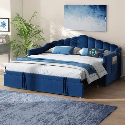 Twin Size Upholstered Daybed with Pop Up Trundle Bed,USB & Type C Port,Blue - Image 1 of 4