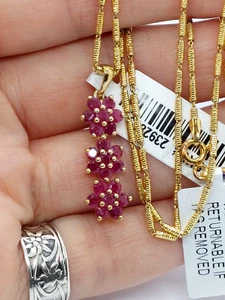 Italy Gold Plated 925 Silver Mesh Chain & Ruby Set Pendant Necklace - Picture 1 of 12