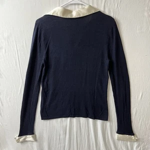 Ralph Lauren Cashmere/Silk Sweater Navy Jumper Ivory Silk Collared Neck Sz L - Picture 1 of 7