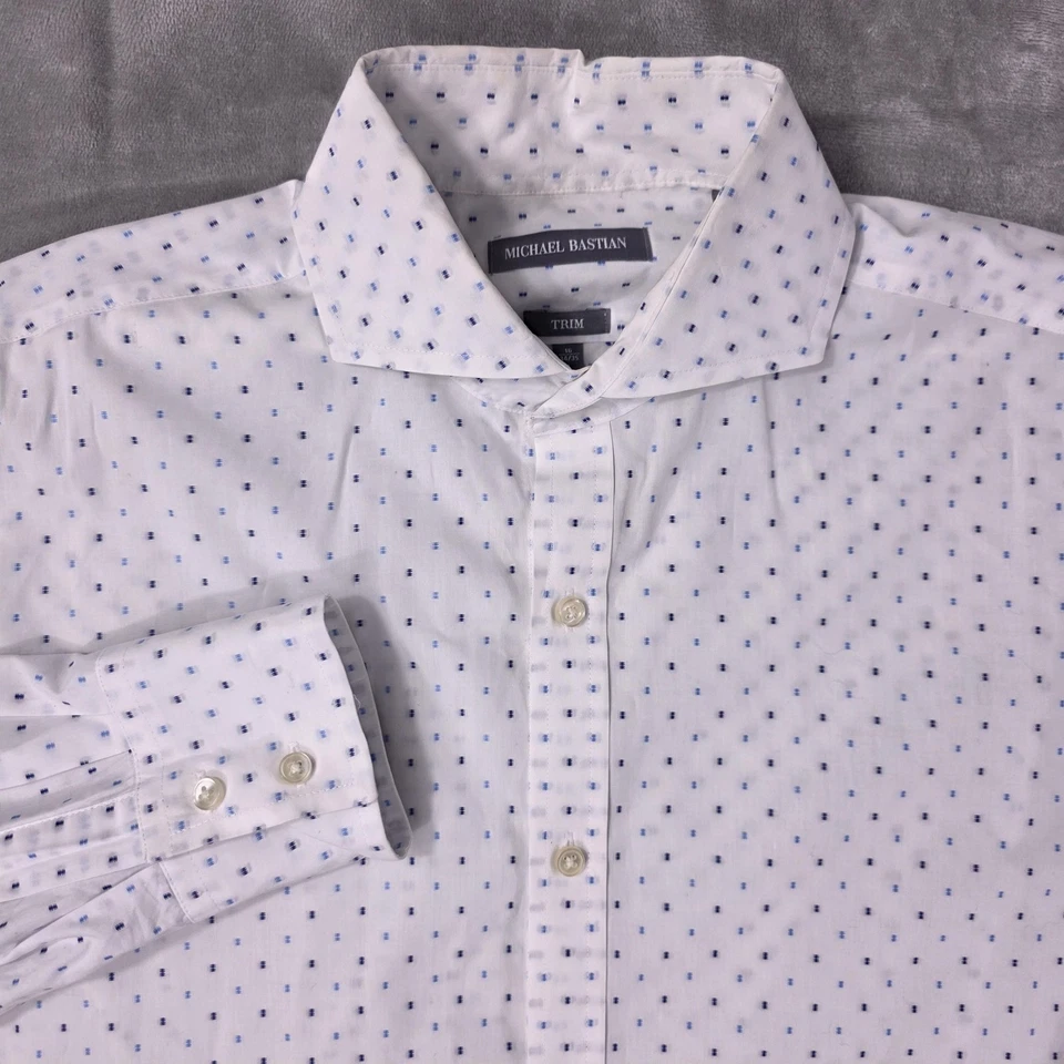 Camisa Michael Bastian Para Hombre Grande Blanca Azul Ajuste Manga Larga Micro Estampado Foto 1 de 4