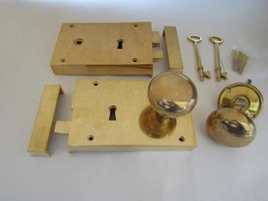 Rustic brass Rim lock knob set  door pull handle UNLACQUERED Polished brass - Picture 1 of 5
