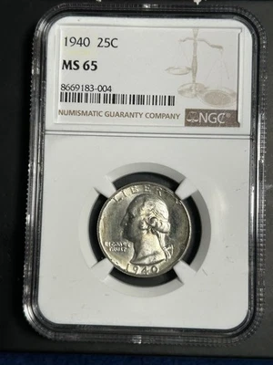 1940 P  Washington Silver Quarter NGC MS65 W/ Toning on Reverse  - Image 1 of 3