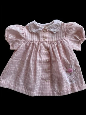Vintage Little Bitty Pink Baby Girls 6-9 Months Dress Puff Sleeves Embroidered - Image 1 of 4