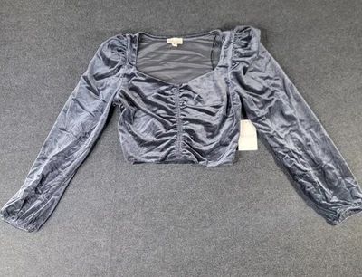 Meraki Long Sleeve Velvet Crop Top Women's Size Medium Charcoal Grey Classic New - Image 1 of 4