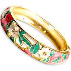 Bracelet floral émail cloisonne bracelet pince découpes strass rose vert
