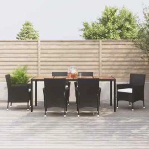 vidaXL 7 Piece Garden Dining Set with Cushions Black Poly Rattan NEW - Picture 1 of 10