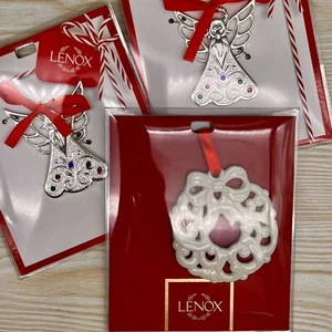 New LENOX LOT 3 CHARM ORNAMENTS Porcelain Pierced Wreath & 2 Jeweled Angels XMAS - Picture 1 of 12