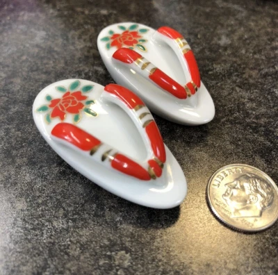 Miniature Decorative Ceramic Asian Sandals Red Straps with Flower Decorations - Image 1 of 4