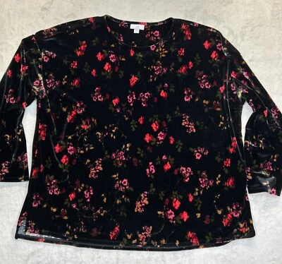 J Jill Pure Jill Black Floral Velvet Pullover Sweater Top Women Sz XL Stretch - Image 1 of 4