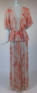 1970’S PINK FLORAL SHEER SILK CHIFFON DRESS W CAPE SLEEVES + NIEMAN MARCUS LABEL - Picture 1 of 9