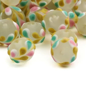 Vintage Czech floral overlay frost green lampwork glass bead 12mm (1 piece) - Picture 1 of 2
