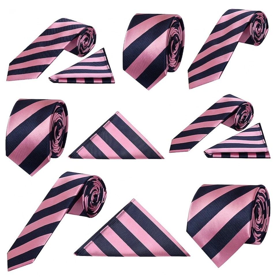 TIESRUS Navy Pink Striped Ties Mens Events Formal Sets Skinny Classic Stripe Football