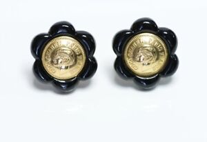 CHANEL 1980’s Coco Mademoiselle Black Camellia Flower Gold Plated Coin Earrings