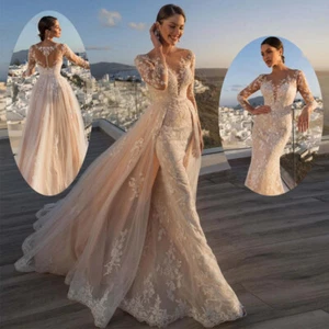 Luxury Mermaid Wedding Dress Long Sleeve Detachable Train Lace Bridal Dress HOT - Picture 1 of 12