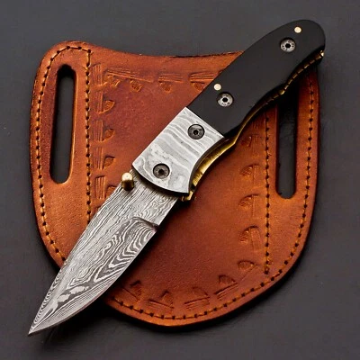 Custom Handmade Damascus Folding Knife Pocket knife w/ Leather  EDC Gift for him - Image 1 of 4