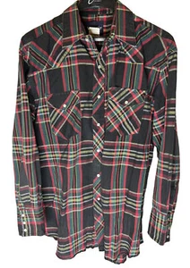 Vintage Wrangler Pearl Snap Western 16-1/2 x 33 kariertes Langarmhemd schwarz - Bild 1 von 9