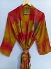 Silk Tie Dye Kimono Free Size Patchwork Light Weight Recycled Belted Robe, T-453