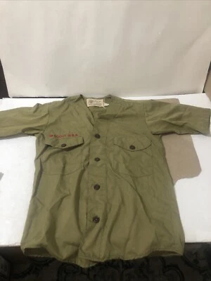 Boy Scouts of America Official Olive Green Short SLeeve Shirt Unique Collarless - Image 1 of 4