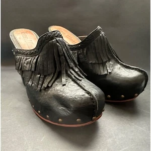 Gee Walla Black Leather Mules Stacked Heel Fringe Grommets Size 10 - Picture 1 of 10