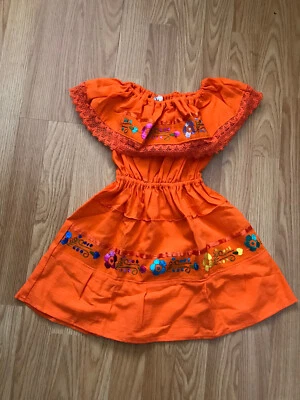 Toddler Mexican Embroidered Orange Floral Dress Ruffled Lace Trim Party Fiesta - Image 1 of 4