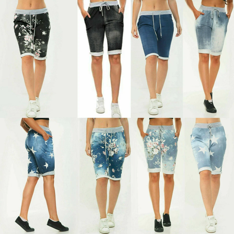 Womens Italian Shorts Plain & Floral Elastic Waist Turn Up Summer Capri UK 8-22 - Image 1 of 1