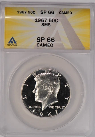 1967 SMS Kennedy Half Dollar ANACS MS 66 CAMEO / SP66CAM Frosty Coin Cover