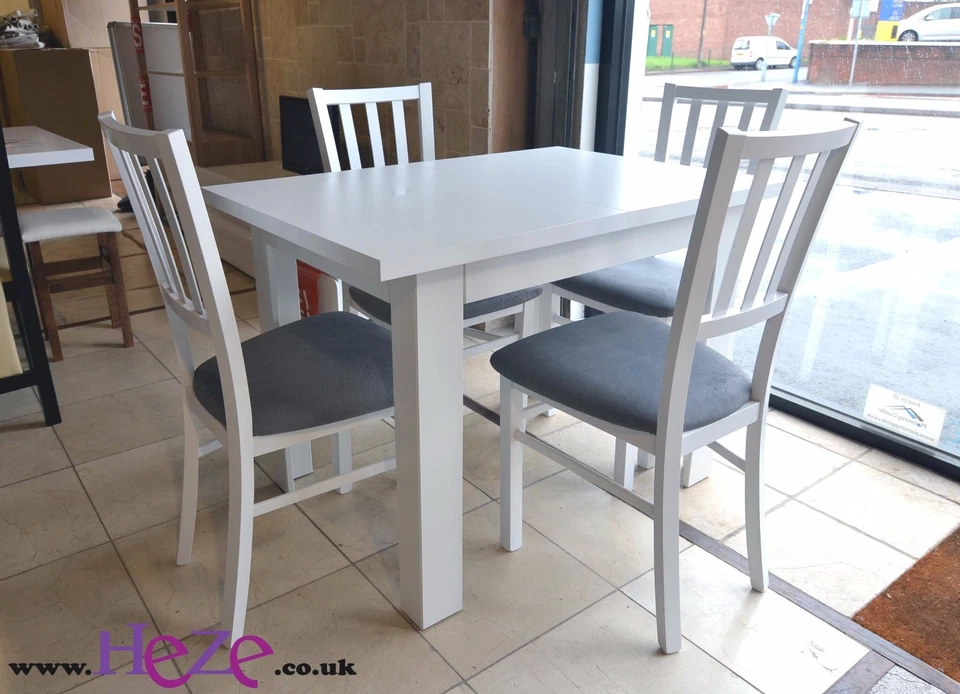 Set of White Extending Dining Table and 4 Wooden Chairs With Beige Fabric Alla2