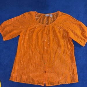 Chicos Orange Silber Metallic Faden Knopfleiste Top Größe 2 (Large) 3/4 Ärmel - Bild 1 von 5