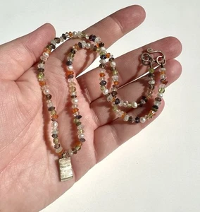 Vintage Rock Crystal, Citrine, Amethyst, Peridot & Pearl Vintage Necklace 15.5" - Picture 1 of 5