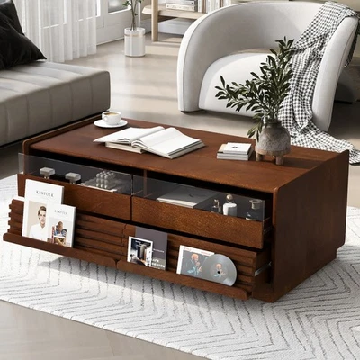 Rectangular coffee table W four drawers and handles, featuring four table legs. - Image 1 of 4