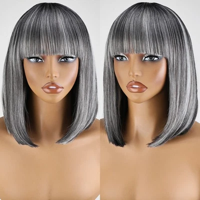 12-дюймовый серый прямой парик Bob из соли и перца с челкой удобный - Изображение 1 из 4
