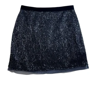 Free People Sz 10 Wild Child Sequined Mini Skirt Navy Blue Cocktail Party - Picture 1 of 14
