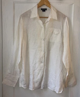 Blusa cápsula vintage Lands’ End para mujer talla 12 blanca de lino abotonada minimalista Foto 1 de 4