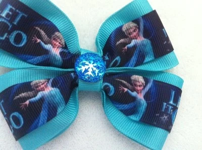 Girls Hair Bow 4" Wide Frozen Elsa Aqua Ribbon Blue Snowflake Alligator Clip - Image 1 of 3