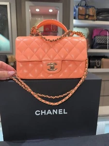 Chanel Mini Top Handle Rectangle Single flap Orange Sherbet Lambskin - Picture 1 of 17