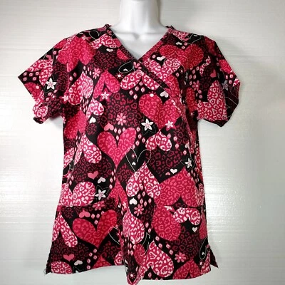 Bonita Scrub Top Womens Size Small Pit To Pit 20in Multicolor Pink Hearts 💗 - Image 1 of 4