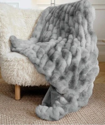 Gray Ruched Faux Fur Soft Blanket - Dual Sided 50x60 Inches Plush Blanket Throw - Image 1 of 3