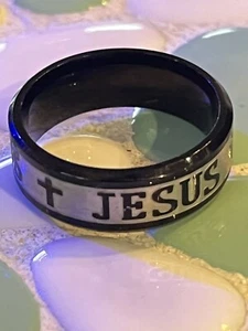 HEMATITE & SILVER TONE JESUS RELIGIOUS MEN'S RING ~ SIZE 10 ~DEAL $$$ - Picture 1 of 8