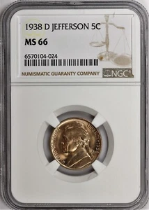 1938-D Jefferson Nickel NGC zertifiziert MS66 - Edelstein aus frisch zertifizierten Rollen - Bild 1 von 2