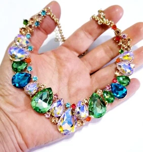 Colorful Green Choker Rhinestone Crystal Statement Necklace Pageant Prom Bridal - Picture 1 of 16
