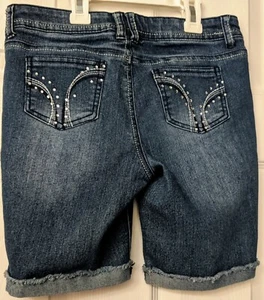 Cherokee Girls Large Denim Cuff Shorts Blue Jean Embellished Embroider 5-pocket - Picture 1 of 12